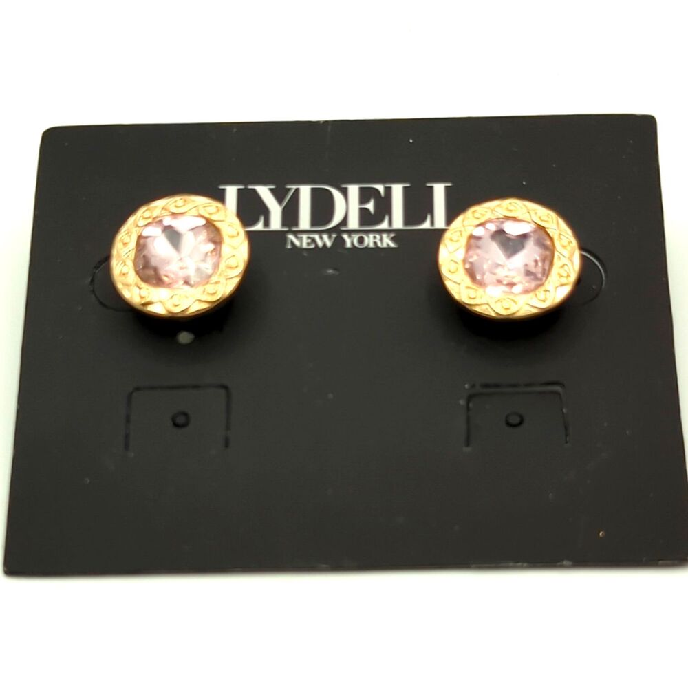 Lydell New York - Round Pink Crystal Stud Earrings - Gold Tone - Retro Glam